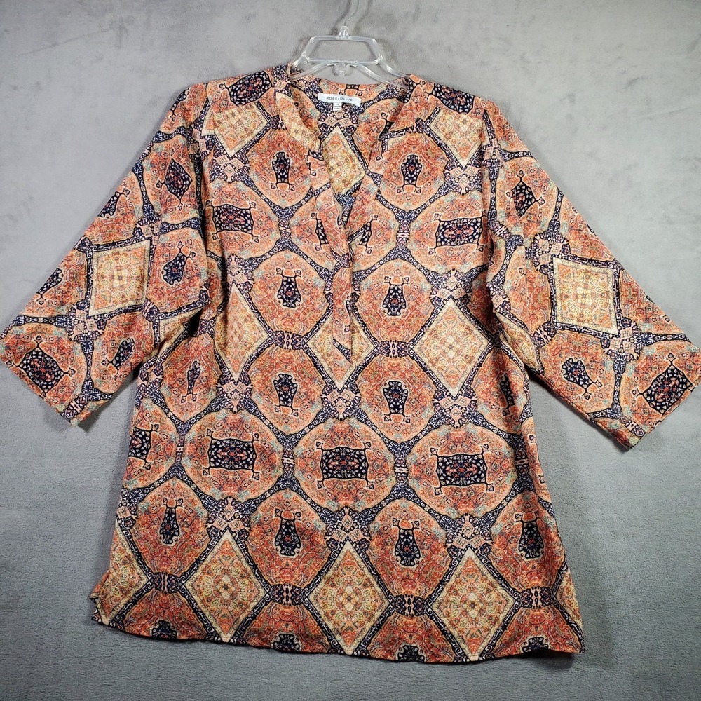 Rose & Olive Top Women 1X Orange Geometric Print 3/4 Sleeve‎ Button Boho Artsy